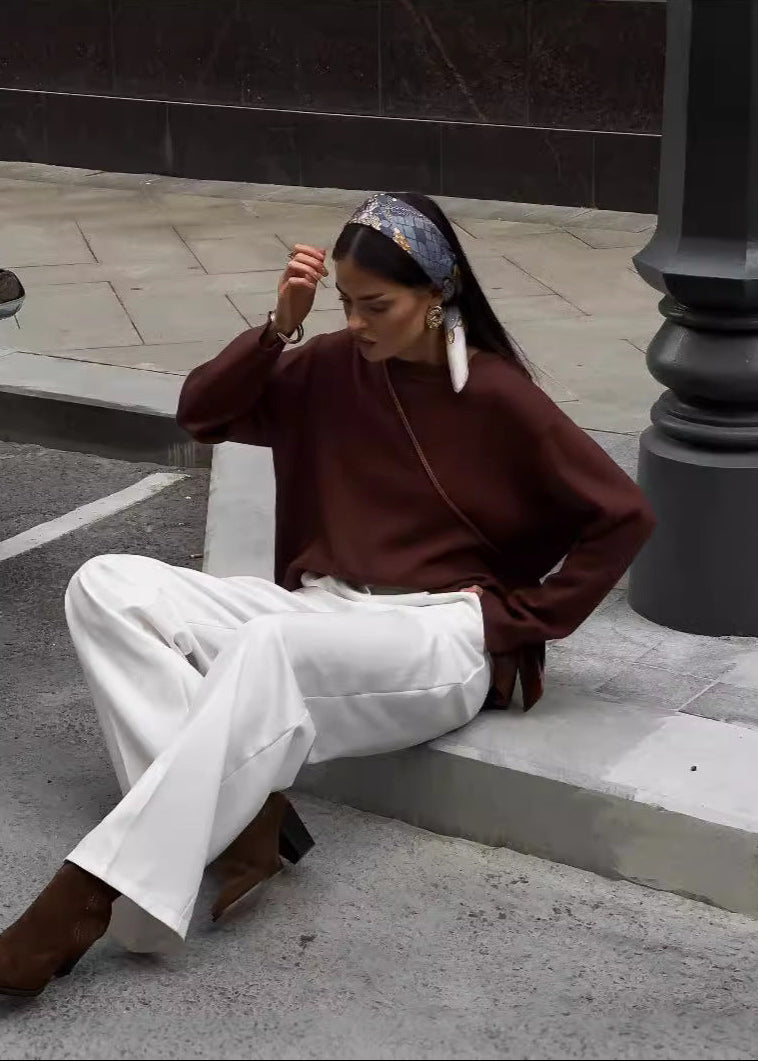 Relaxed Fit Ribbed Knit Sweater Brown