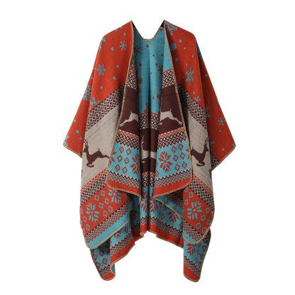 Ethnic Style Shawl, Women'S Outfit, Double-Sided Imitation Cashmere Scarf, Blanket Cape, Autumn And Winter Christmas Day Cape, Thickened
