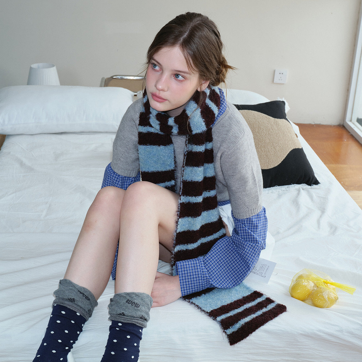 Striped Circle Pattern Knit Scarf Soft Cozy Winter Scarf
