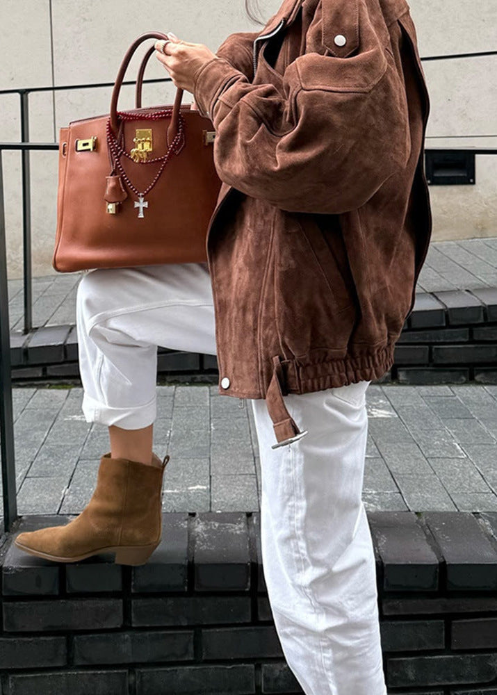 Suede Leather Moto Bomber Jacket Brown