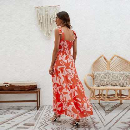 Ruffle Print Sleeveless String Strap Dress