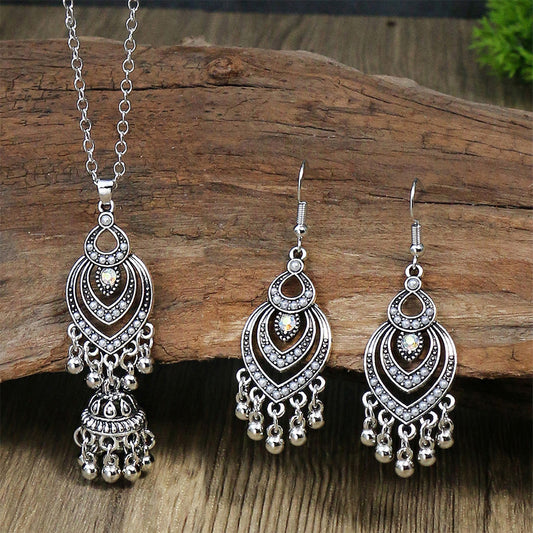 Bohemian Tassel Earrings and Necklace Set with Turquoise Accents