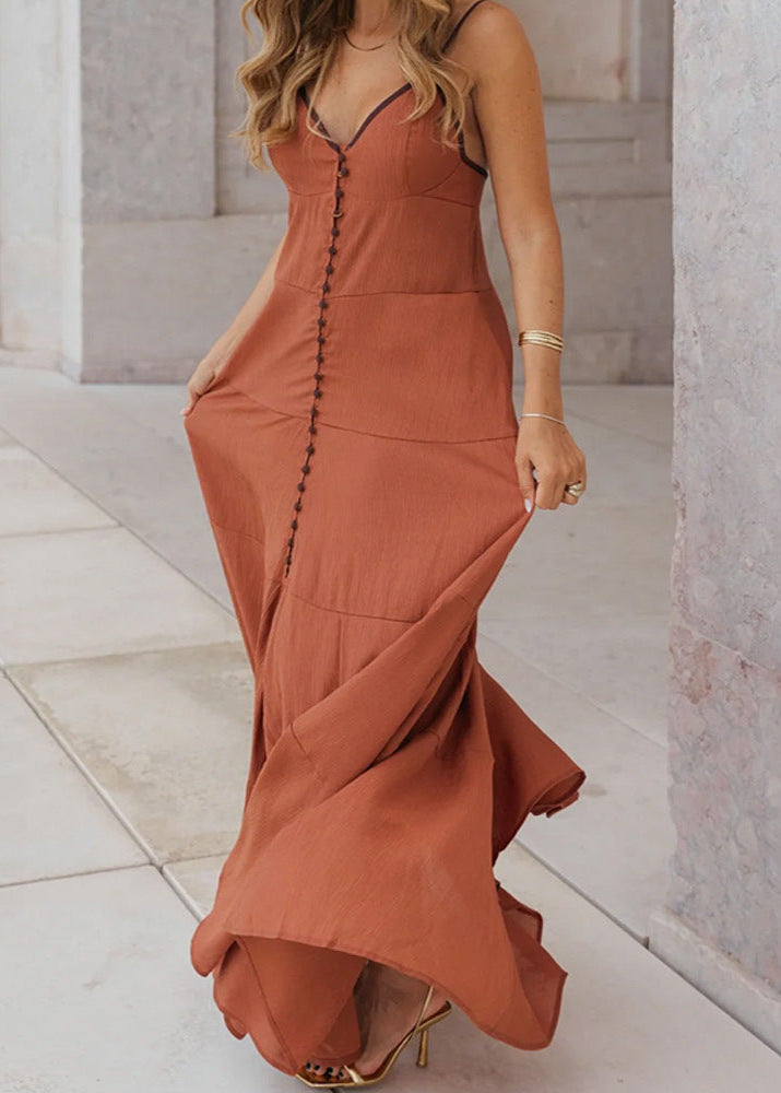 Button Front Maxi Dress Lightweight Woven Blend