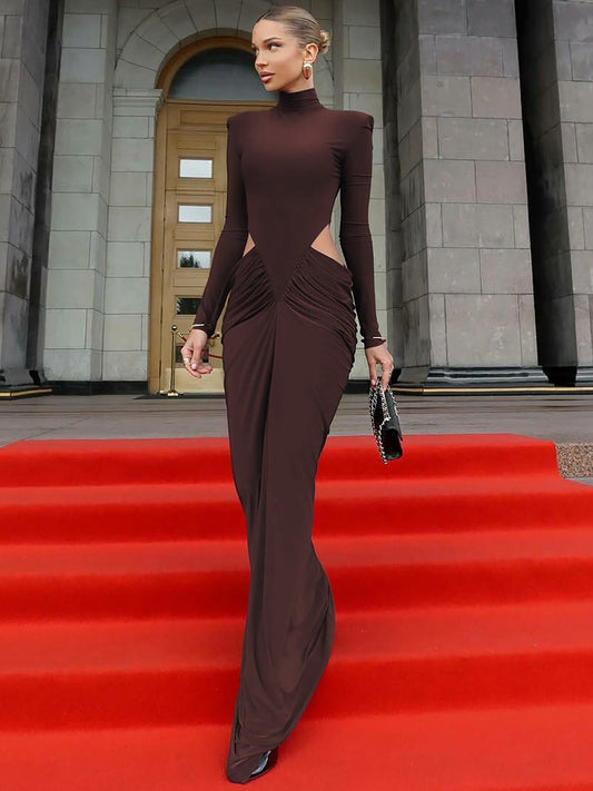 Fashionable Cut-Out Waist High Neck Long Sleeve Dress