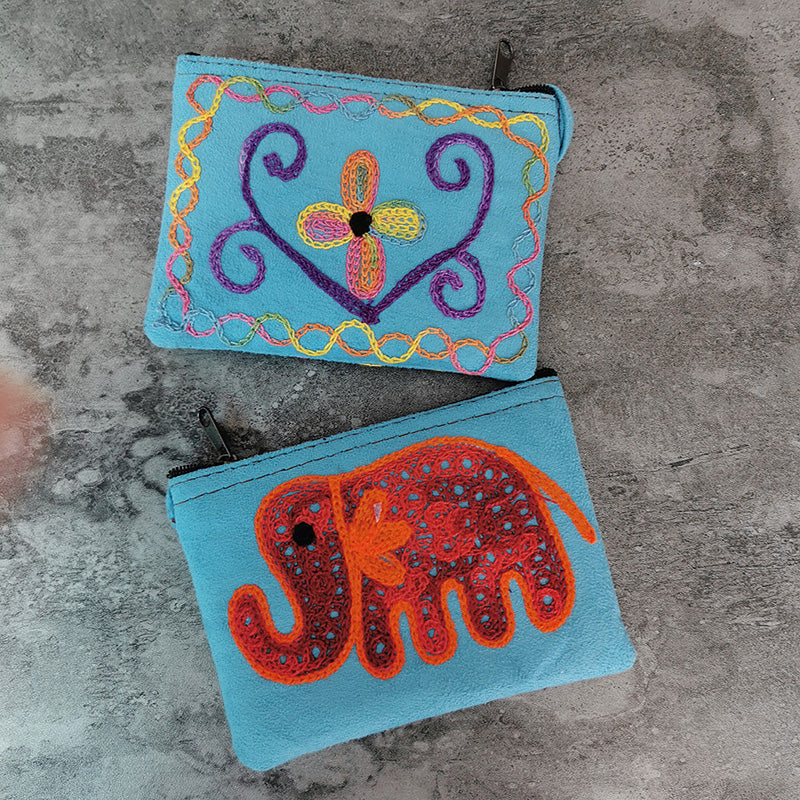 Nepali Hand-Embroidered Suede Ethnic Style Mini Coin Purse Pocket Card Bag Short Fabric Coin Bag