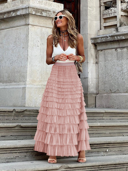 Elegant Tulle Maxi Skirt For Women - High Waist A-Line