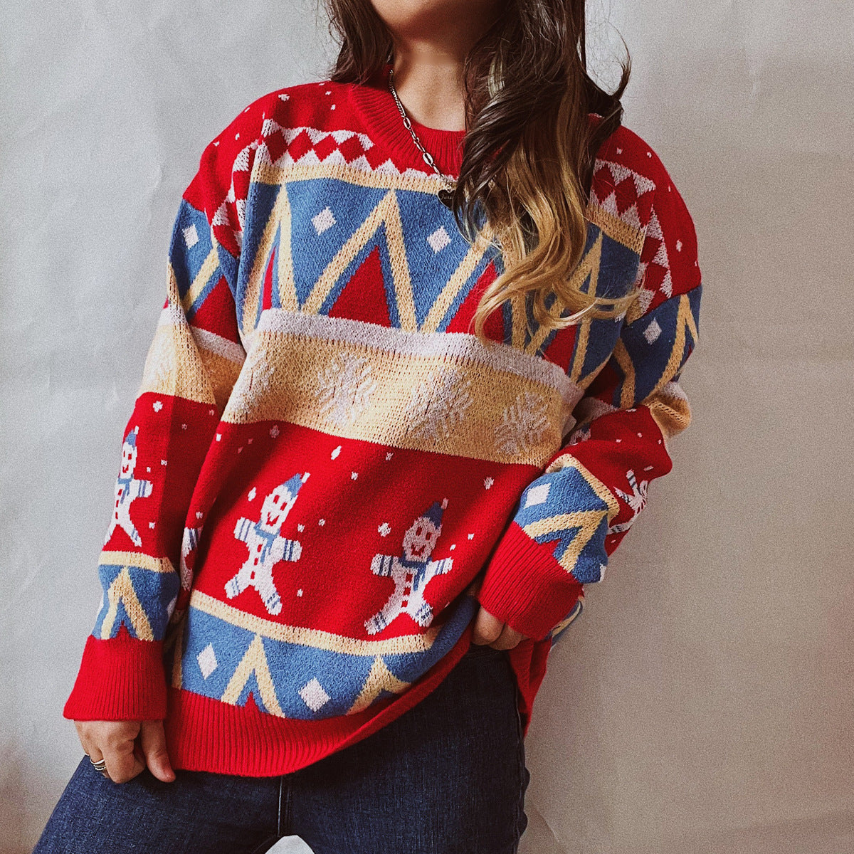 Casual Christmas Sweater New Year Theme Round Neck Long Sleeve Pullover Women