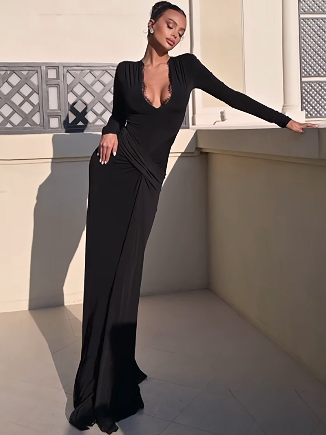 Trendy Solid Color Long Sleeve Dress with Waist Tie