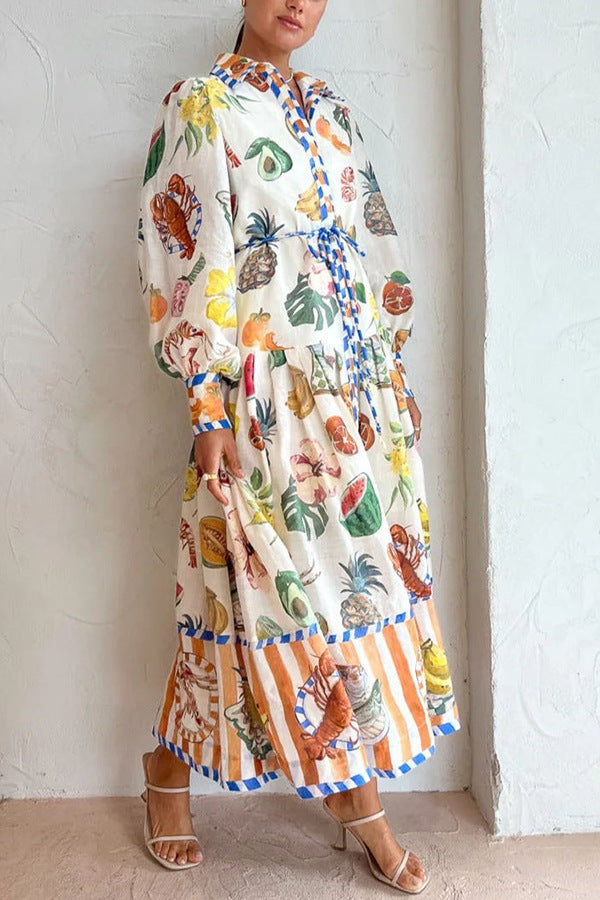 New Autumn Single-Breasted Graffiti Printed Lace Waist Dress