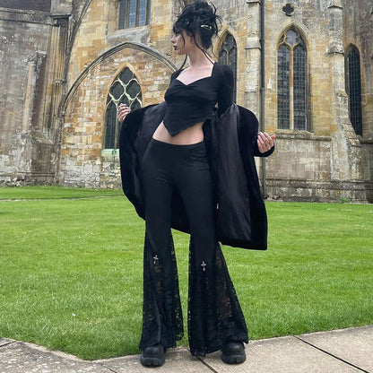 High-Waisted Lace Hollow Black Flare Pants Punk Style