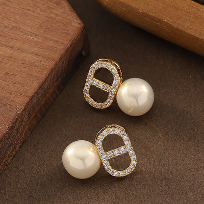 Stylish Zircon Letter Cd Pearl Earrings Simple Design With Silver Posts