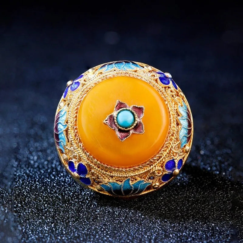 Handmade Silver Flower Silk Inlaid With Topaz Honey Wax S925 Silver Ring Retro Palace Gilded Gold Big Thumb Ring