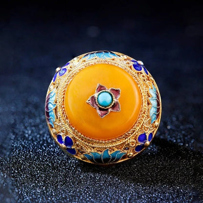 Handmade Silver Flower Silk Inlaid With Topaz Honey Wax S925 Silver Ring Retro Palace Gilded Gold Big Thumb Ring