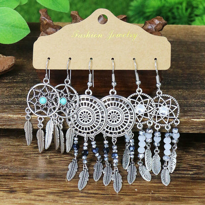 Bohemian Feather Dreamcatcher Earrings Zinc Alloy Vintage Style