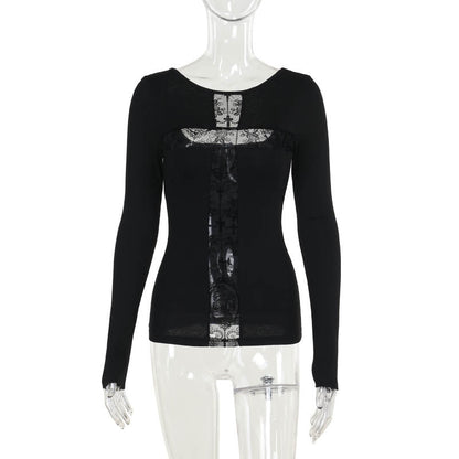 Color Block Long Sleeve Cross Graphic T-Shirt for Women