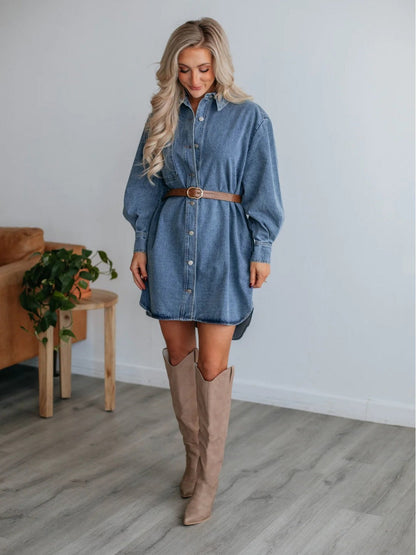 Button Design Slimming Long Sleeve Denim Dress