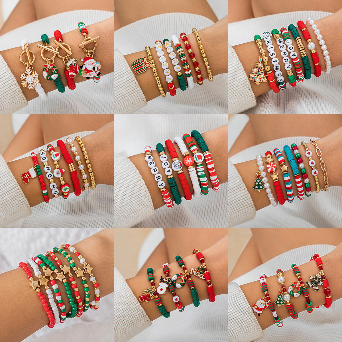 Christmas Themed Polymer Clay Bead Bracelet Set