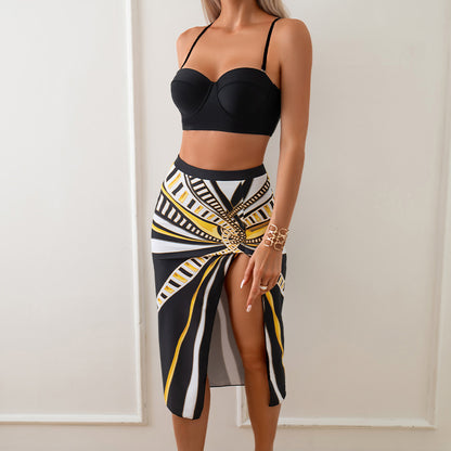 Women’S Three-Piece Print Bikini Set With Long Skirt