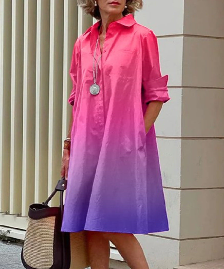 Spring And Summer Fashion Gradient Print Shirt Collar, Long Sleeve Pockets, Midi Dress