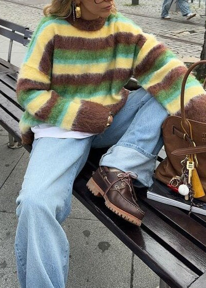 Fuzzy Wool Sweater With Vibrant Stripes
