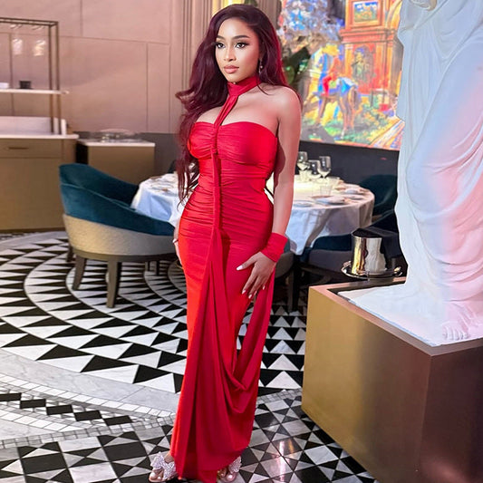 Solid Color Backless Strapless Bodycon Dress Elegant Style
