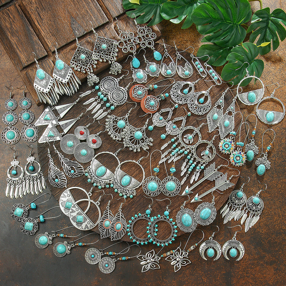 Geometric Turquoise Fringe Earrings Set Bohemian Style