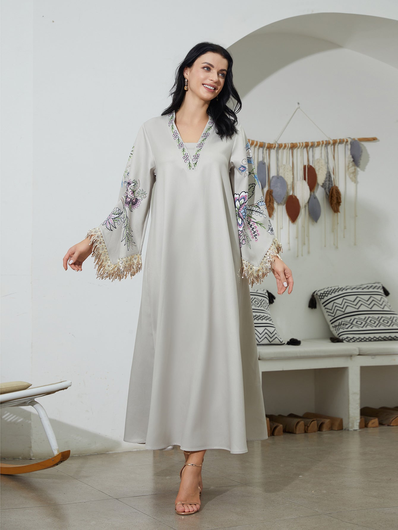Arabic Printed Tassel Long Dress For Women