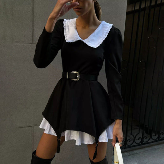 Chic French Style Long Sleeve Dress With Peter Pan Collar