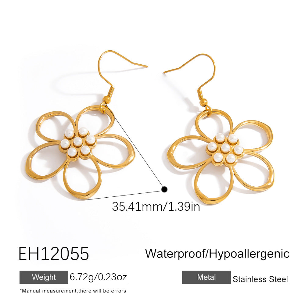 Stylish Floral Hollow Stainless Steel Pearl Drop Earrings