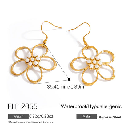 Stylish Floral Hollow Stainless Steel Pearl Drop Earrings