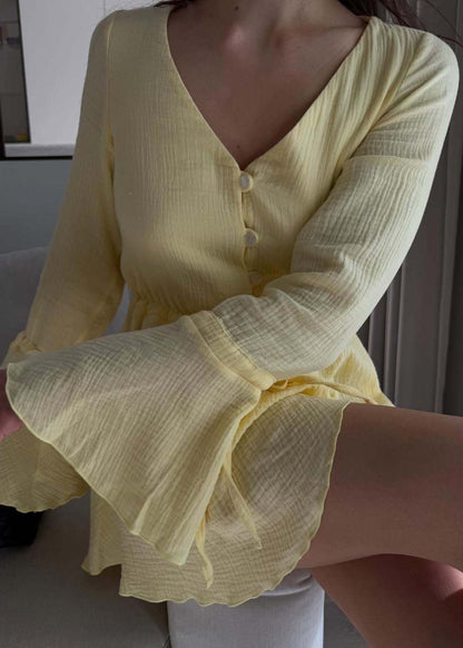 Flared Sleeve Button Romper In Lightweight Yellow Fabric