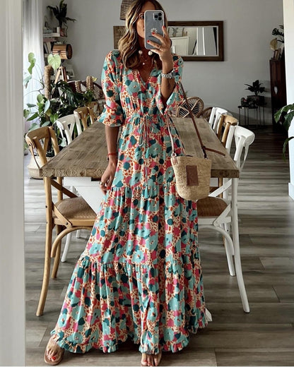 New Temperament V-Neck Bohemian Print Swing Dress