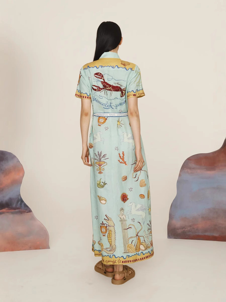 Casual Fashion Floral Printed Linen Dress with Lantern Sleeves