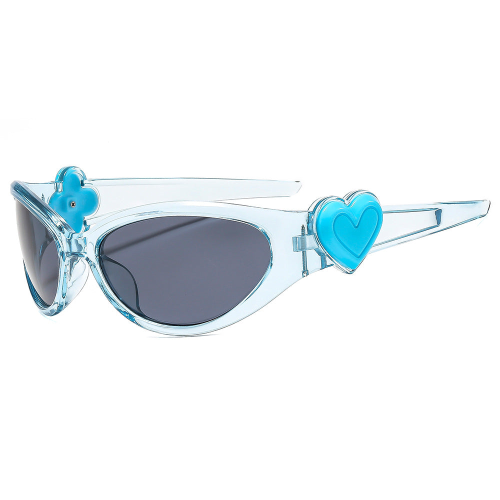 Trendy Oval Frame Sunglasses with Pink Heart Decoration