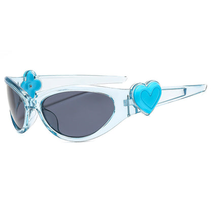 Trendy Oval Frame Sunglasses with Pink Heart Decoration