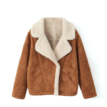 Trendy Lapel Collar Loose Warm Lamb Wool Coat