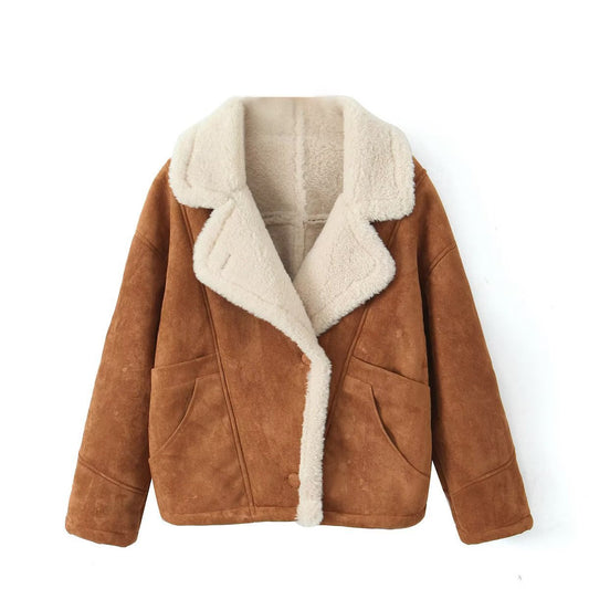 Trendy Lapel Collar Loose Warm Lamb Wool Coat