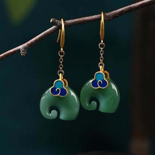 Gold-Plated Cold Enamel Xiangyun Elephant Imitation Hetian Jade Vintage Cheongsam Wind Earrings Earrings Earrings Jade Jewelry