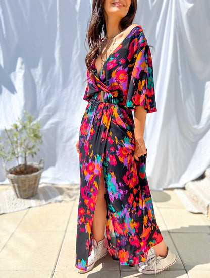 V-Neck Belt Print Dress Long Dress