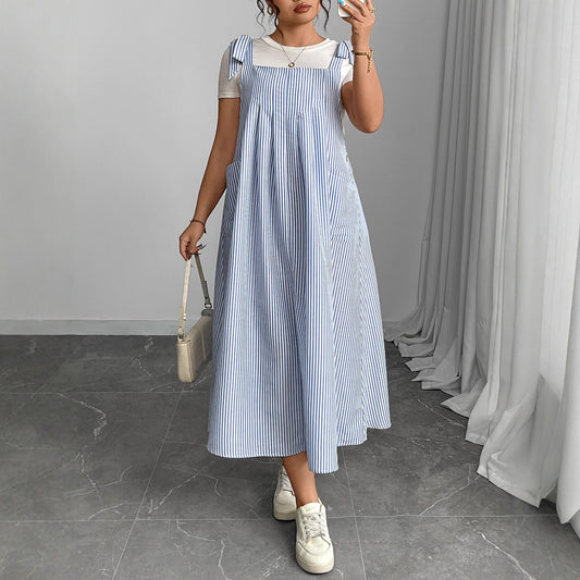 Blue Striped Suspender Dress Plus Size Comfortable Casual Dress