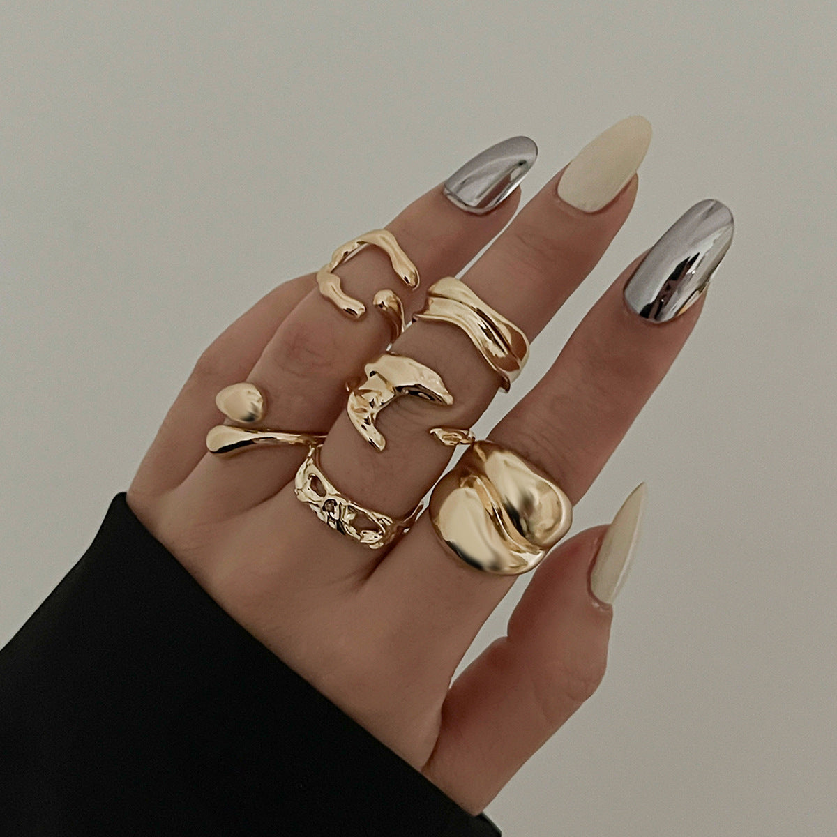 Fashionable Metal Liquid Lava Open Ring Set Geometric Style