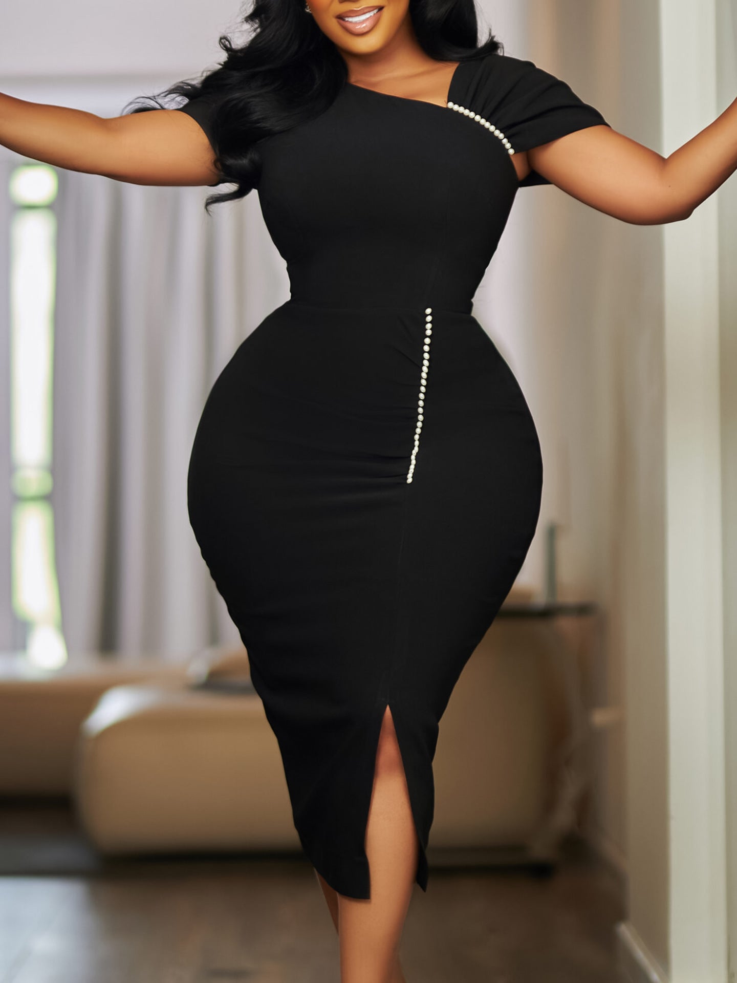 Elegant High-Waisted Pencil Skirt With Beads