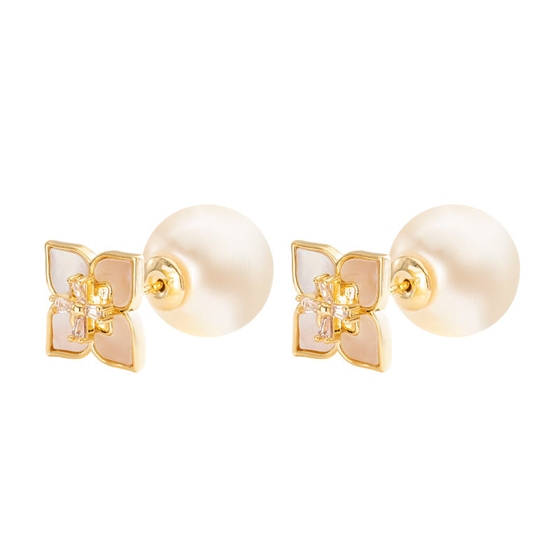 Delicate Shell Clover Pearl Earrings Elegant Silver Studs