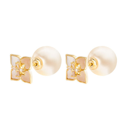 Delicate Shell Clover Pearl Earrings Elegant Silver Studs