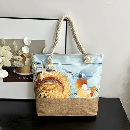 Large Capacity Digital Print Linen Beach Bag for Women