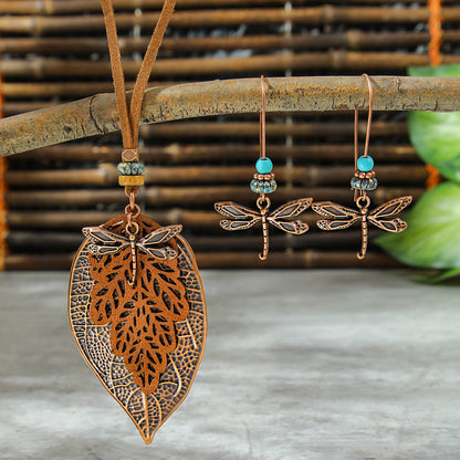 Bohemian Vintage Leaf Earrings With Dragonfly & Butterfly Zinc Alloy Sweater Necklace