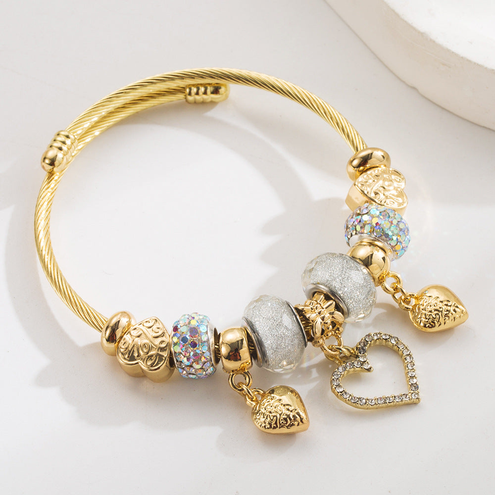 Heart-Shaped Crystal Bracelet Adjustable Handcrafted Stainless Steel Bangle