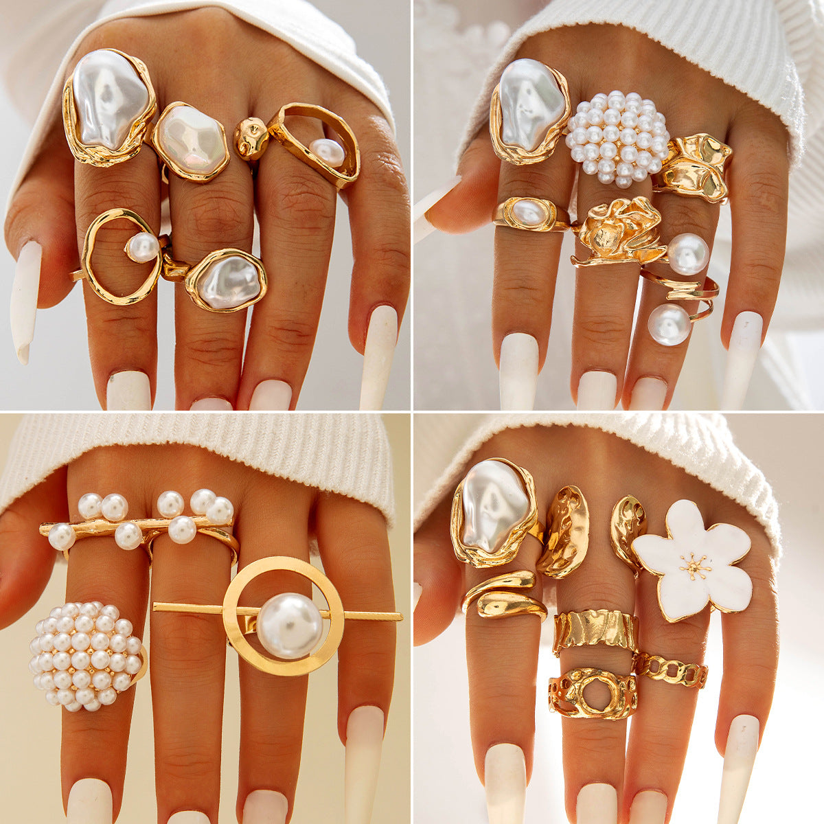 Geometric Baroque Pearl Ring Set With Floral Design