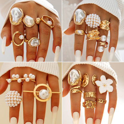 Geometric Baroque Pearl Ring Set With Floral Design