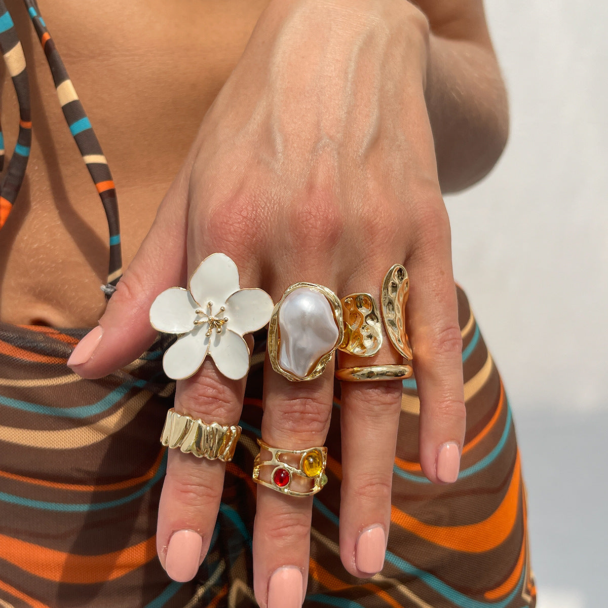 Floral Open Ring With Pearl Accents